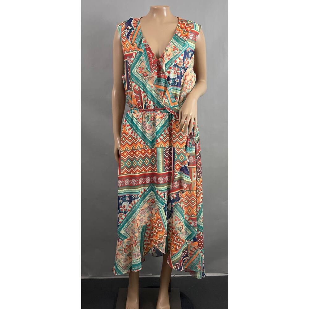 Reba Dress Women XL Floral Print Midi Hi-Low Ruffle Faux Wrap Chiffon Boho